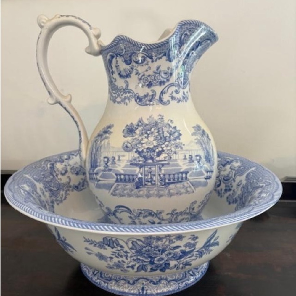 Spode Blue and White Ceramic Pitcher and Bowl